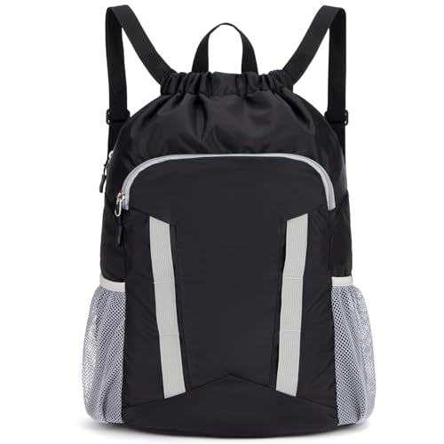 Drawstring Backpack Bag, Sport Gym Sackpack with Shoes Compartment - color: Black