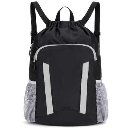Drawstring Backpack Bag, Sport Gym Sackpack with Shoes Compartment - color: Black