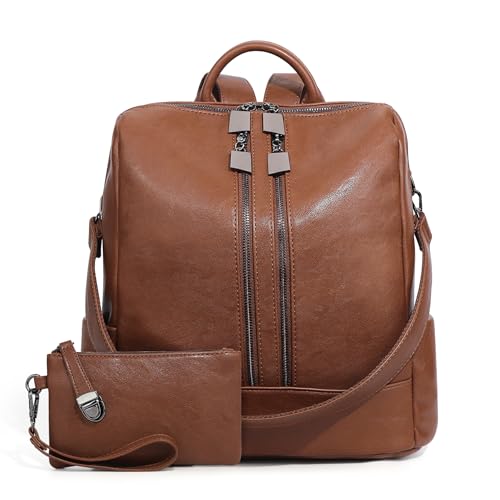 Women's Backpack with Wristlet Set, Large Capacity Tote Backpack for Women, Fashion Travel Backpack & Stylish Mommy Bag (Brown) - color: Brown