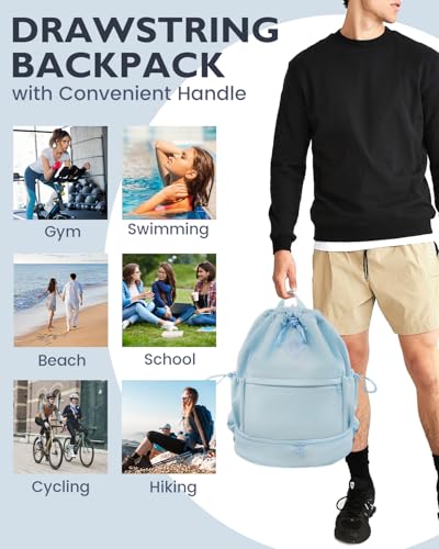 RHDZO Drawstring Backpack Sports Gym Bag with Shoe Compartment and Wet Pocket String Swim Bag for Women Men Beach Backpack, Blue - color: Blue