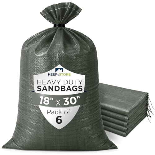 Heavy Duty Sand Bags Pack of 6, Army Green Empty Sandbags with Built-In Ties, Woven Polypropylene UV Protection 1600 Hours, Fillable Bags for Flood Control, Weight, 18x30 inches, 75 Pounds Volume - size: 18"W x 30"L, style: Pack of 6