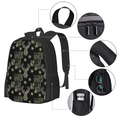 Ergonomic Padded Backpack Camouflage Hunting Deer Camo American Flag, Anti Theft Spacious Travel Daypack Sturdy Polyester Bag for Commute Gym Outdoor Leisure Use - color: Design (215)