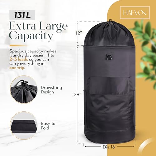Haevon Laundry Backpack - 131L Heavy Duty Laundry Bag with Padded Shoulder & Waist Straps, Removable Liner - College, Dorm, Apartment, Travel, Outdoor - Big Laundry Bag for Easy Carrying (Black) - color: All Black