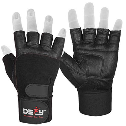 DEFY Padded Weight Lifting Gloves with 13" Long Wrist Wrap Genuine Leather Gym Gloves for Power Lifting, Cross Training, Workout Black - size: Medium