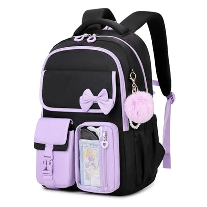 Girls Backpack, School Backpack for Girls, Cute Bow Kids Bookbag for Grils Children Teens for Elementary Middle High School Student, Black Purple - color: Black Purple