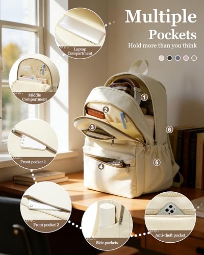 Lightweight School Backpack for Women Men, Multi Pocket Backpack for College Students, Waterproof Middle School Bags, Simple Bookbag for Teens Girls Boys, Beige - color: Beige