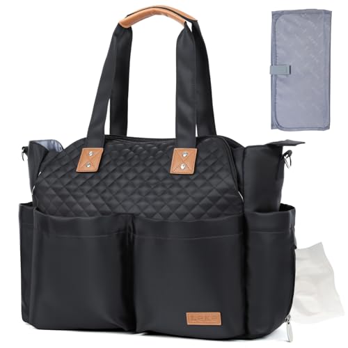 Lekebaby Diaper Bag Tote - 17 Pockets Large Travel Diaper Waterproof Tote with Portable Changing Pad, Mom Crossbody Hospital Bag for Labor Delivery, Baby Essentials for Newborn Gifts, Black - color: Quilted Black