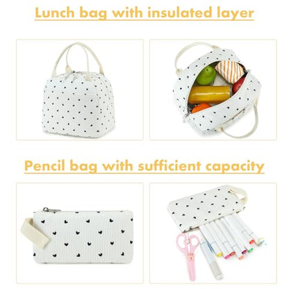 Bluboon School Backpack Set Girls Womens Laptop Bookbag Casual Daypack Fits 15 inch Laptop with Lunch Tote Bag and Pencil Bag - color: Black Heart - White