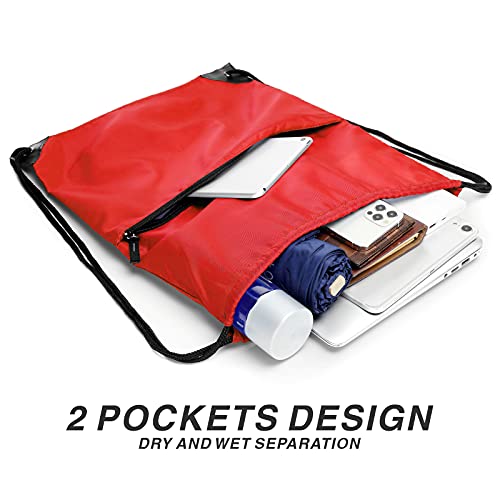 Drawstring Backpack Sports Water Resistant String Bag Sport Gym Sackpack for Women Men Large with Zipper, Red - color: Red
