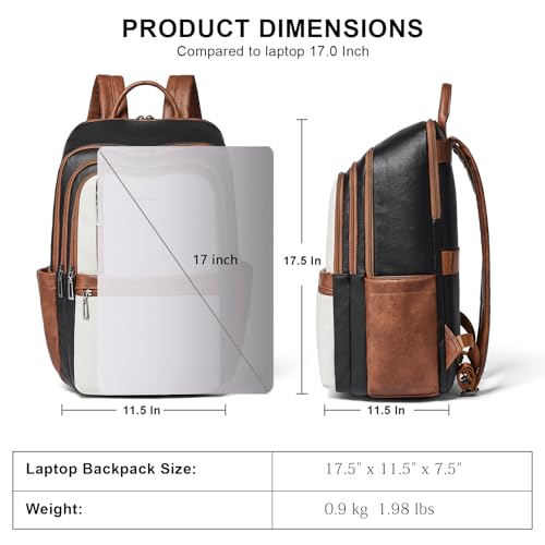 Shrrie Leather 17 inch Laptop Backpack for Women, Large Travel Backpack Purse for Casual Daypack College Work Bag - color: Black With Brown and White