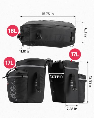 KEMIMOTO Bicycle Panniers Combo 3-in-1, Bike Saddle Grocery Bag with Waterproof Rain Cover, 52L Large Capacity Storage Cargo Cycling Backpack, Mountain Road E-bike Trunk Bag, Black