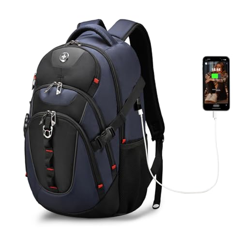 Swissdigital Design Laptop Backpack with USB Charging Port, Travel Backpack Fits 15.6 inches Computer, 31L College School Backpack for Men, Blue/Black | SD803-12 - color: Black/Blue