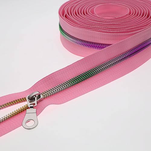#5 Colorful Metallic Nylon Coil Zipper by Yard,Pink Zipper Tape Bulk 10 Yards with 25pcs Silver Pull for DIY Sewing Craft Bag YIGUANXIN - color: Pink-Colorful