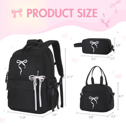 Kids Backpack for Girls - 3PCS Cute Embroidered Bow Girls Backpack with Insulated Lunch Bag & Pencil Case - Bookbag for Teen Women Middle High School College Work Travel Daypack - color: Black