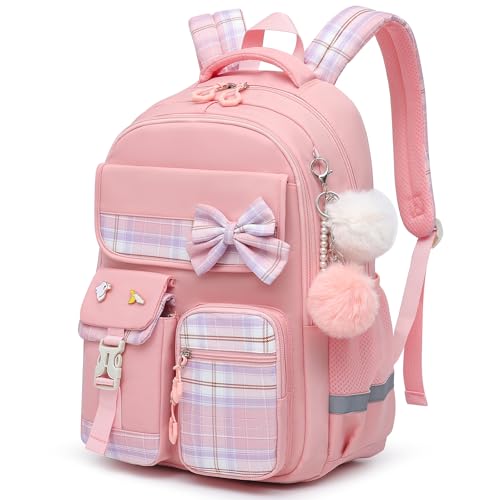 Alrisg Girls School Backpack Preppy Plaid Bookbag Lightweight Backpack for Girls Elementary Middle School Bow Pink - color: Pink, size: 17in