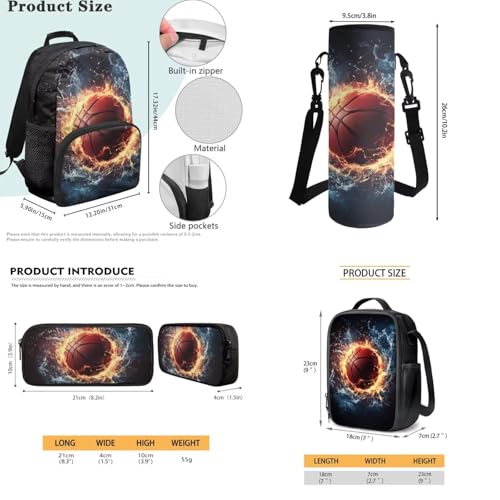 JEOCODY Fire Water Basketball School Bag Boys Backpack with Lunch Bag Water Bottle Pencil Case Pouch Set Large Capacity Girls Bookbag Daypack for Travel Hiking, Set 4 in 1 - color: Fire Water Basketball Patternss