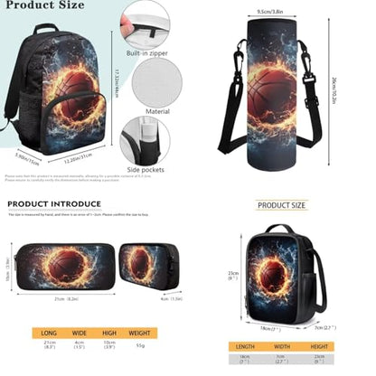 JEOCODY Fire Water Basketball School Bag Boys Backpack with Lunch Bag Water Bottle Pencil Case Pouch Set Large Capacity Girls Bookbag Daypack for Travel Hiking, Set 4 in 1 - color: Fire Water Basketball Patternss