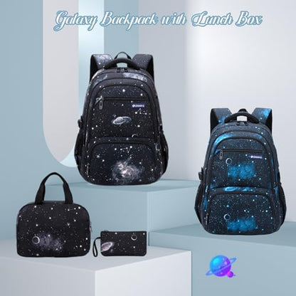 MITOWERMI Boys Backpacks for Primary Junior School Kids Backpack with Lunch Box Galaxy Space Bookbags for Boys Girls - color: #02 Galaxy-black, style: 3 Pcs Set Backpack