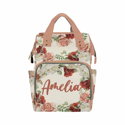 Custom Diaper Bag with Name, Personalized School Bag Flower Print, Monogram Nappy Backpack with Thermal Pockets for Adults Kids, Large Capacity Waterproof Diaper Bag, Travel Gifts - color: Color-12