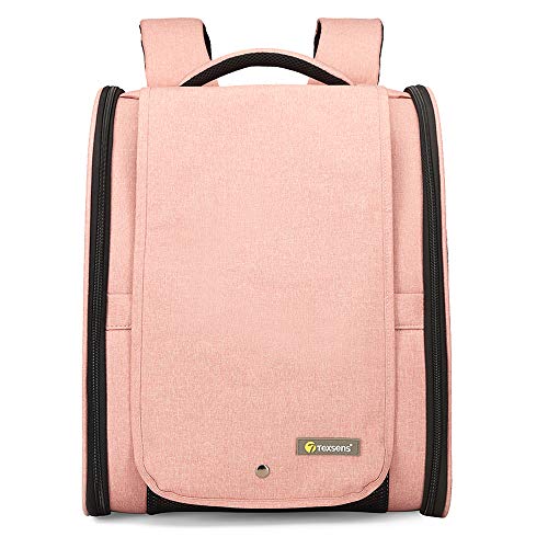 Texsens Pet Carrier Backpack with Window Blind for Small Cats Dogs, Ventilated Design, Safety Straps, Buckle Support, Collapsible, Designed for Travel, Hiking, Winter Outing, Outdoor, Go to Vet - color: Upgraded-Pink