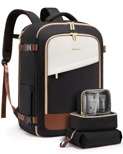 LOVEVOOK Travel Backpack for Women, 50L Carry On Backpack Flight Approved, Large Suitcase Bag for Travel Fits 18.5 inch Laptop, TSA Approved Luggage with 3 Packing Cubes,Waterproof Weekend Backpacks - color: Black-white-brown, size: 50L