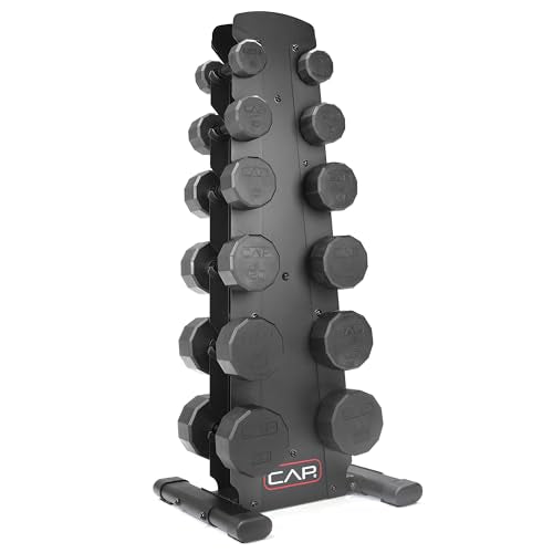 CAP Rubber Coated Hex Dumbbell Set with Storage Rack | 100–210 lb Options, Space-Saving Vertical Compact Storage for Home Gym Strength Training - size: 210 lb - Set - Black Rack, style: 12-Sided Black Handle