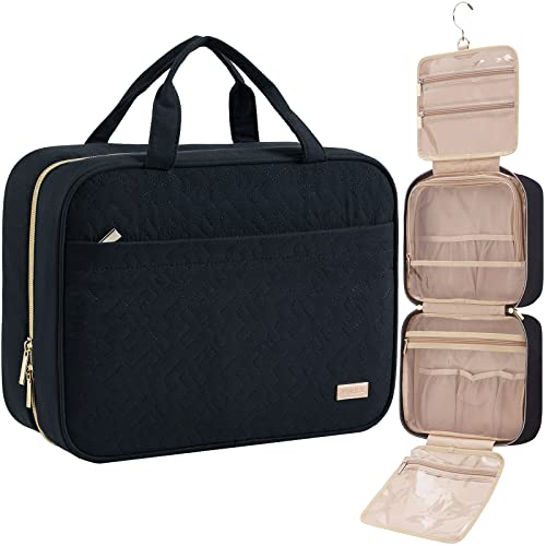 NISHEL Travel Toiletry Bag for women, Portable Hanging Organizer for Full-Sized Shampoo, Conditioner, Brushes Set, Makeup Accessories, Large Size, Black - color: Black, size: Large