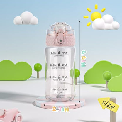 OLDLEY 12oz Kids Water Bottle, Tritan BPA-Free, Leakproof Flip Straw Lid, Motivational Time Marker, Carry Strap, Reusable Clear Water Bottle for Boys & Girls,Cherry Blossom - color: Cherry Blossom, style: 12 Ounces