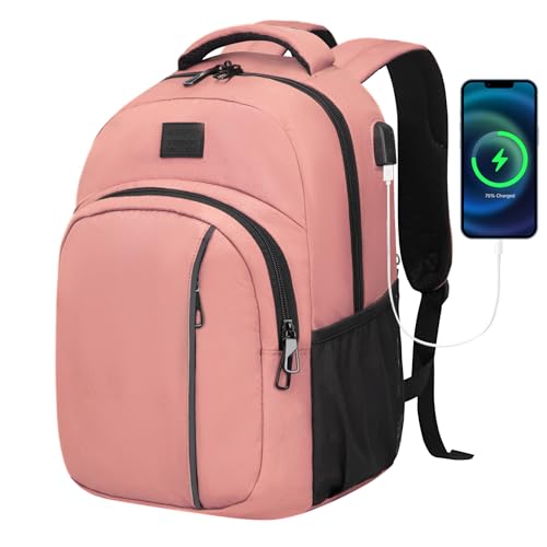 LARIPOP 15.6 Inch Laptop Backpack,30L Lightweight Oxford Travel Business Carry-On for Men Women, Water-Resistant Computer Bag with USB Charging, Anti-Theft Pocket, Luggage Strap, Ergonomic Padded Back - color: Flesh Pink, size: 15.6inch