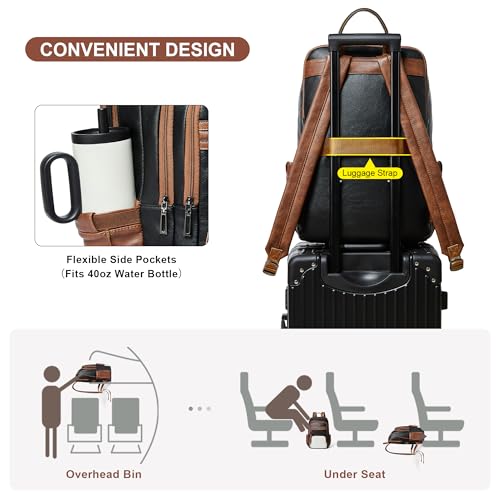 Shrrie 17 Inch Faux Leather Laptop Backpack for Women with Large Cup Holder - color: Black and Beige With Caramel Brown