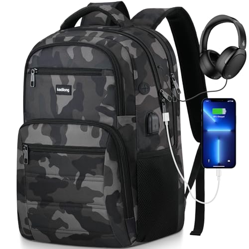 Laptop Backpack for Men Travel Business, College School Computer Bag Bookbag for Teen Boys with USB Charging Port,Water Resistant - color: Camouflage Black, size: 15,6 inch