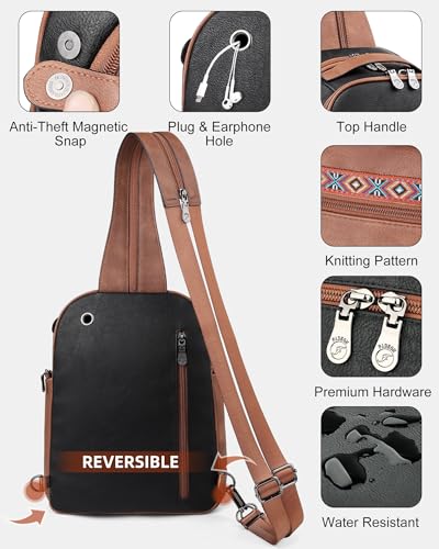 FADEON Large Sling Bag for Women, Designer Leather Crossbody Purse Convertible Sling Backpack, Anti Theft Daypack for Travel - color: Retro Black With Brown