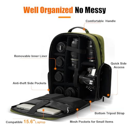 Cwatcun Professional Camera Backpack, Waterproof Camera Bag for Photographers, Camera Case with Tripod Holder & Laptop Compatible for Canon Nikon Sony Fuji DSLR SLR Mirrorless Camera, Green - color: Green