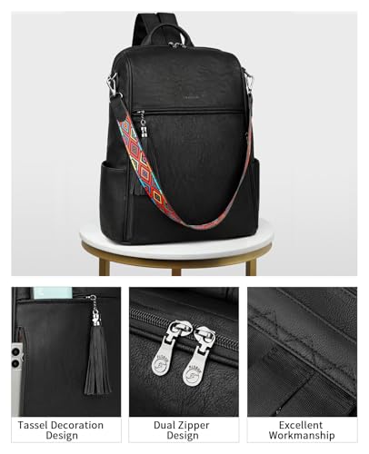 FADEON Leather Laptop Backpack for Women Designer 15.6 inch PU Laptop Bag, Ladies Travel Computer Work Backpack Black - color: Pure Black