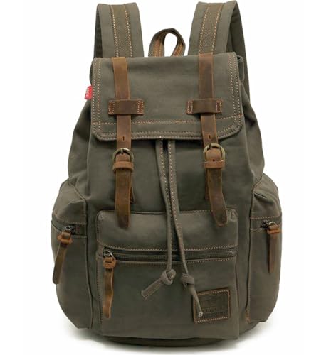 HuaChen Vintage Canvas Travel Backpack with Leather Trim, Laptop Padded Sleeve, Hidden Back Security Pocket, Fits 15-Inch, M32 Army Green Large - color: Army Green, size: Large