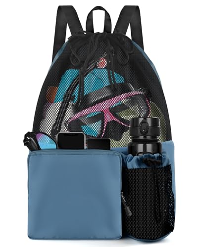 BROTOU Swim Bag Beach Backpack with Wet Pocket Mesh Drawstring Bags for Swimming, Gym - color: Navy Blue