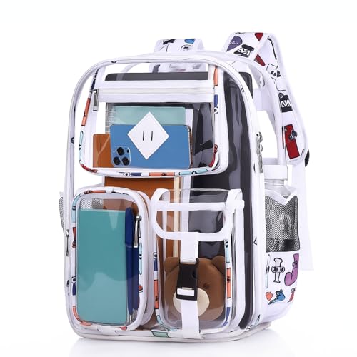 Clear Backpack-Heavy Duty PVC clear backpack for Stadium/Travel/Work,Dual Zippered Compartments&Mesh Side Pockets (white) - color: White