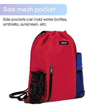 WANDF Drawstring Backpack Sports Gym Sackpack with Mesh Pockets Water Resistant String Bag for Women Men (Red) - color: Red