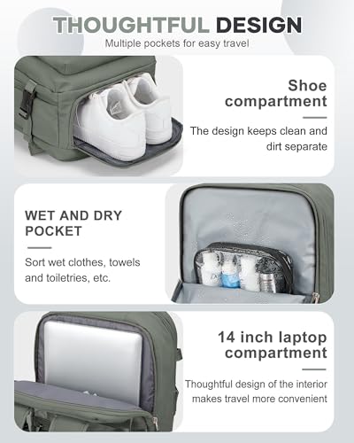 VECAVE Travel Backpack,Carry On Backpack for Women,Airline Flight Approved Waterproof 14 Inch Laptop Backpack with Shoe Compartment Casual Daypack Backpacks DarkGreen. - color: A-darkgreen-6, size: Small