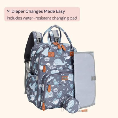 BabbleRoo Diaper Bag Backpack - Baby Essentials Travel Tote - Multi Function Water Resistant Diaper Bag, Travel Essentials Baby Bag with Changing Pad, Stroller Straps & Pacifier Case - Sea Animals - color: Sea Animals, size: Large
