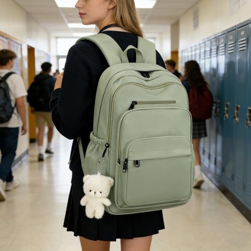 JARKJARD Cute School Backpack for Kids Teen Girls Aesthetic Lightweight Large Capacity Bookbag College Students School Bag Casual Travel Solid Color Daypack（Green） - color: Green