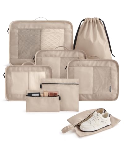 LIGHT FLIGHT 8 Set Packing Cubes for Travel, Durable Travel Essentials for Cruish Ship, Suitcase Organizer Packing Bags (8-Pack 1L+2M+1S+1Shoe bag+2Toiletry Bags+1Laundry Bag) - color: Carob Brown