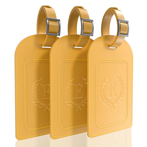 Alphabet Luggage Tags, 3 Pack Yellow Initial Bag Tags with Privacy Cover & Replaceable ID Card, Faux Leather Suitcase Tags for Travel, Flights & Cruises - style: Letter E