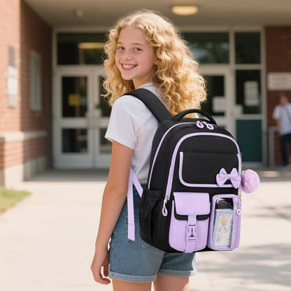 Girls Backpack, School Backpack for Girls, Cute Bow Kids Bookbag for Grils Children Teens for Elementary Middle High School Student, Black Purple - color: Black Purple