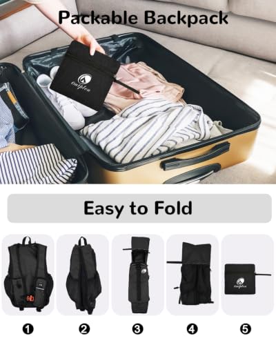 Folding Hiking Backpack with Phone Pocket for Men Women, Small Ultralight Packable Casual Daypack with Shoulder Chest Straps for Travel, 15L Foldable Lighweight Day Pack, Black - color: Black