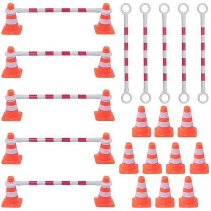 20PCS Car Model Toy Educational Traffic Cones Plastic Mini Road Marker Enlightenment Simulation Props 20 Orange Cones 10 Red White Round Barrier Connecting Rods