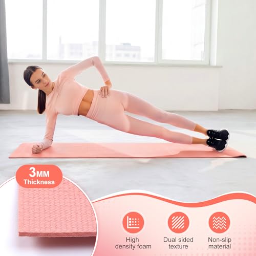 3 mm Thick Yoga Mat Bulk, Non Slip Exercise Workout Fitness Pad for Women Men, Gym Home Yoga Pilates, Easy to Clean, Sturdy PVC - color: Rose