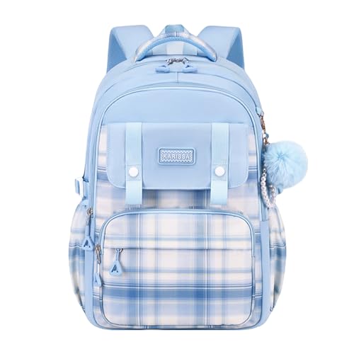 Cute Backpack for Girls, Large Capacity Kids Bookbag for Elementary Middle School Students Waterproof Kawaii Preppy Aesthetic Plaid Backpack Age 4-16 with Cute Accessories (Blue) - color: Blue
