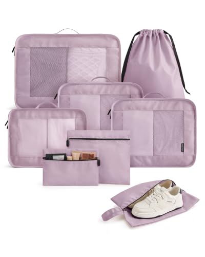 LIGHT FLIGHT 8 Set Packing Cubes for Travel, Durable Travel Essentials for Cruish Ship, Suitcase Organizer Packing Bags (8-Pack 1L+2M+1S+1Shoe bag+2Toiletry Bags+1Laundry Bag) - color: Misty Purple