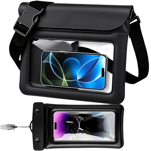 Waterproof Bag Set IPX8 2 Pcs: Black 9.8" Clear Fanny Pack & 7" Waterproof Phone Pouch, Floating Phone Case, Water Proof Dry Bag with Adjustable Strap for Beach Swim Kayak Boat Cruise Essentials - color: Black fanny pack + Phone pouch 7"